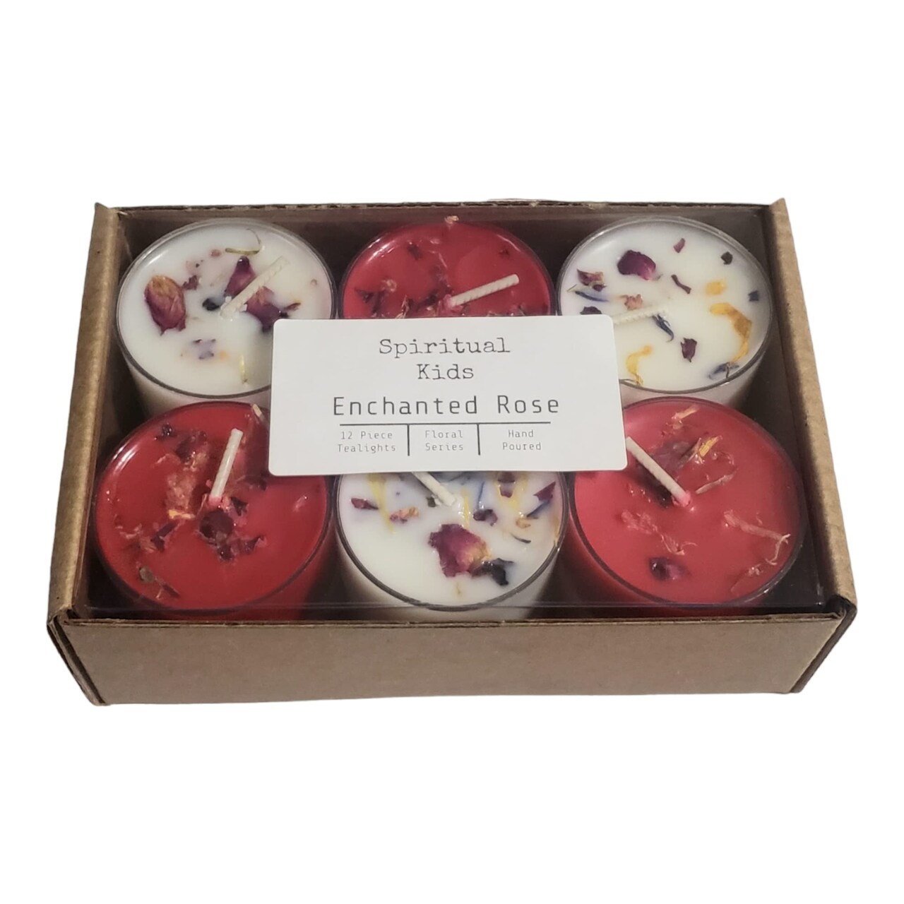Enchanted Rose All Natural Soy Wax Tealights Hand Poured with Fragrant/Essential Oils and Dried Flowers! | Floral Tealights | Red & White